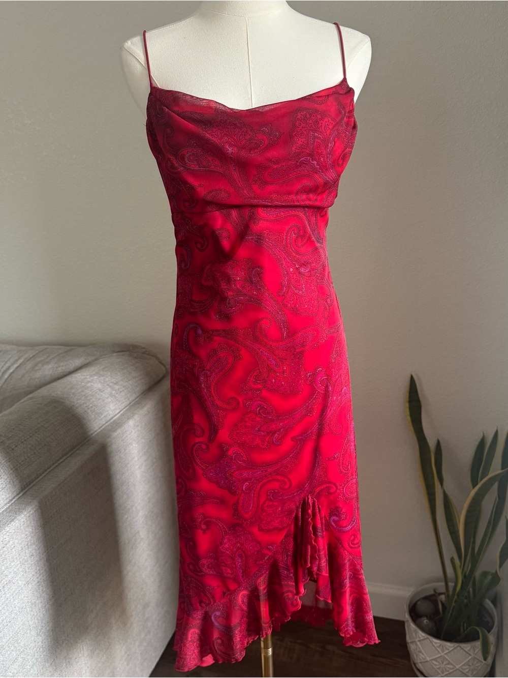 Vintage Y2K Red Paisley Small Dress Cowl Neck Asymmetrical Hem Fairy Grunge 90s